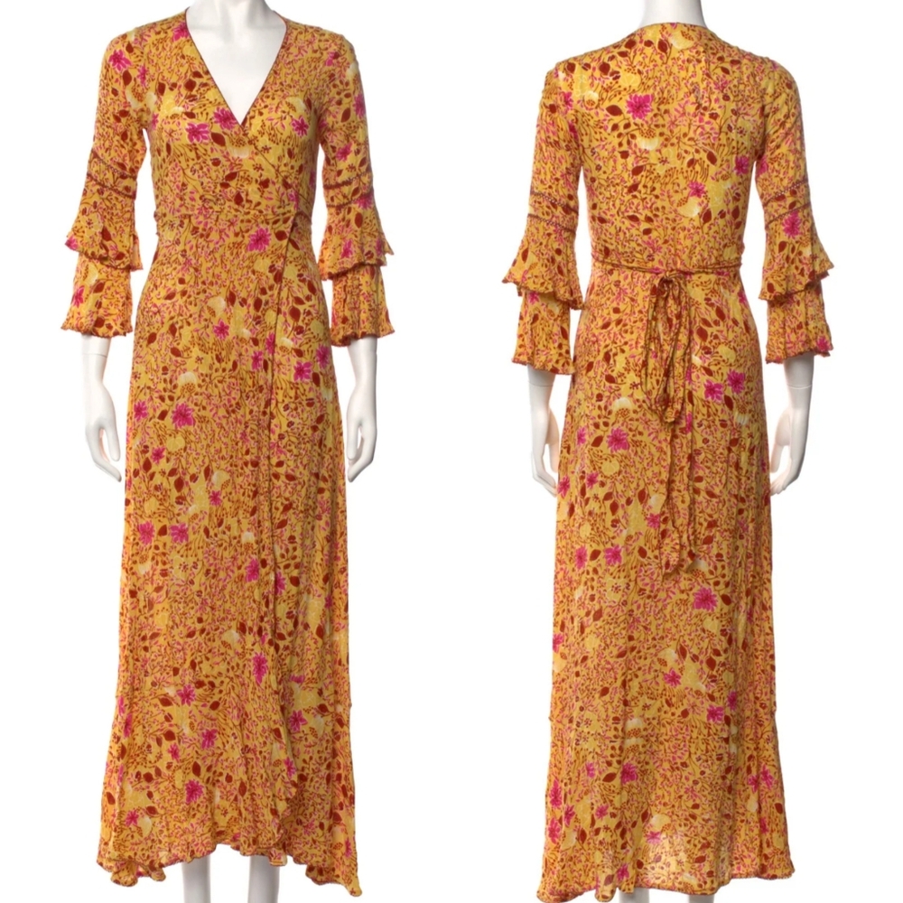 Floral Long Bell Sleeve Wrap Dress XS - Summer Resort Vacation Poupette St Barth
